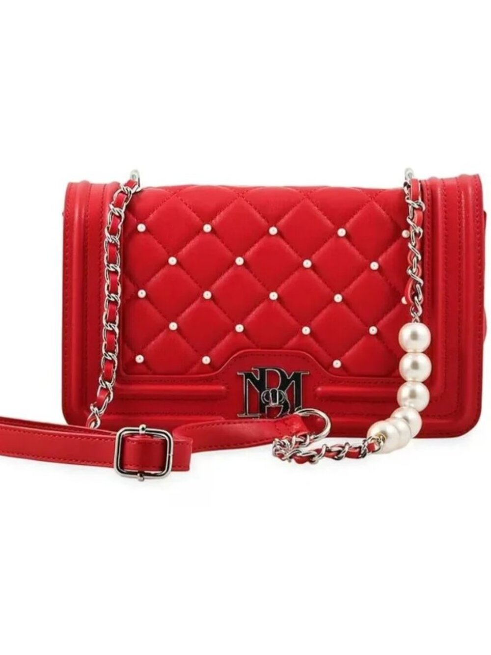 Badgley Mischka ✦ Red Quilted Pearl Crossbody Bag ✦ Vegan Leather Adjustable NWT